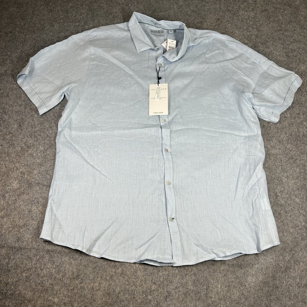 Ike Behar Pure Linen Luxe Travel Button Up S/S Shirt Mens 2XL Skylight Blue